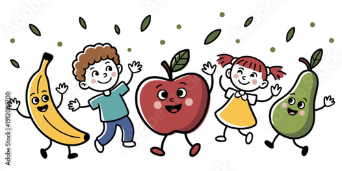 Two happy children running joyfully with personified banana, apple, and pear fruit mascots.