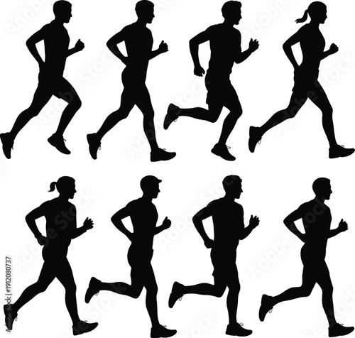 Running people silhouette collection showing male and female joggers in dynamic motion, fitness and cardio exercise poses, black vector illustration for sports, training, and design projects