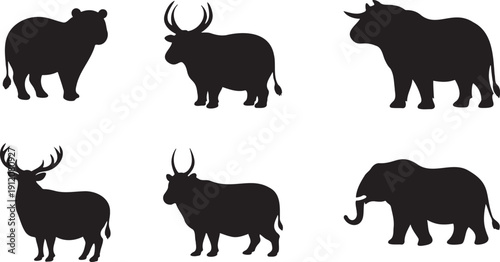 Diverse collection of six iconic animal silhouettes including hippopotamus bull rhinoceros deer wild buffalo and elephant