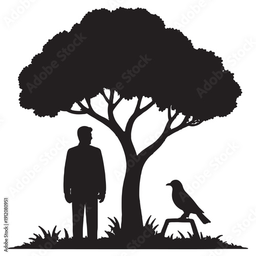 Striking black silhouette graphic depicts a lone man standing beside a large leafy tree observing a curious black bird resting near the trunk in a stark composition symbolizing nature companionship an