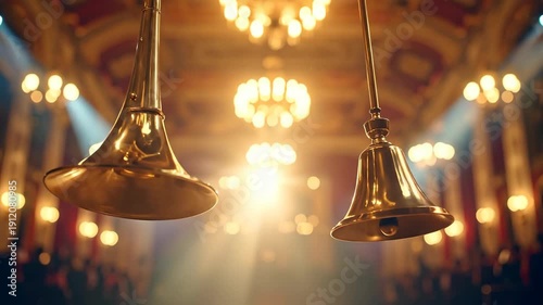 Elegant Vintage Bells Hanging in Ornate Ballroom with Warm Lighting.
