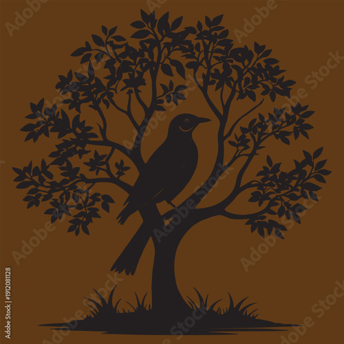 Striking black silhouette of a small songbird perched thoughtfully upon the stark branches of a stylized tree against a vibrant magenta background creating beautiful contrast.