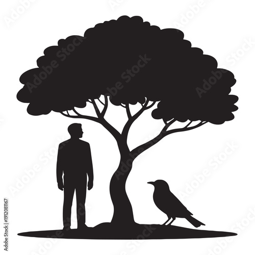 Striking black silhouette graphic depicts a lone man standing beside a large leafy tree observing a curious black bird resting near the trunk in a stark composition symbolizing nature companionship an