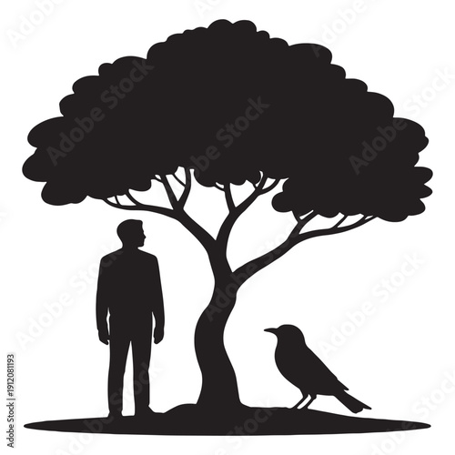 Striking black silhouette graphic depicts a lone man standing beside a large leafy tree observing a curious black bird resting near the trunk in a stark composition symbolizing nature companionship an