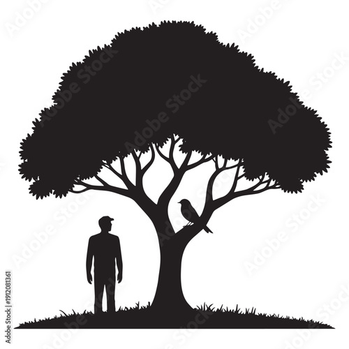Striking black silhouette graphic depicts a lone man standing beside a large leafy tree observing a curious black bird resting near the trunk in a stark composition symbolizing nature companionship an