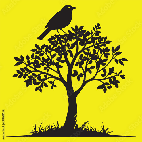 Striking black silhouette of a small songbird perched thoughtfully upon the stark branches of a stylized tree against a vibrant magenta background creating beautiful contrast.