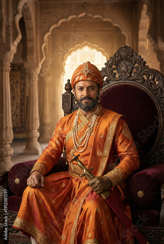 Chatrapati Shivaji Maharaj. regal Indian king seated in ornate chair wearing  orange sherwani, layered pearl necklaces and jeweled turban inside historic palace room, conveying authority, tradition