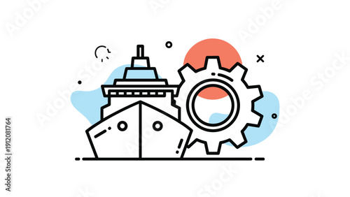 Marine engineering and shipping industry concept featuring a line art drawing of a large ship integrated with a mechanical gear.