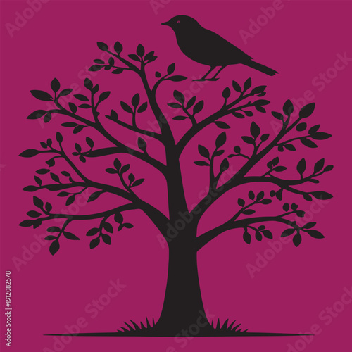 Striking black silhouette of a small songbird perched thoughtfully upon the stark branches of a stylized tree against a vibrant magenta background creating beautiful contrast.