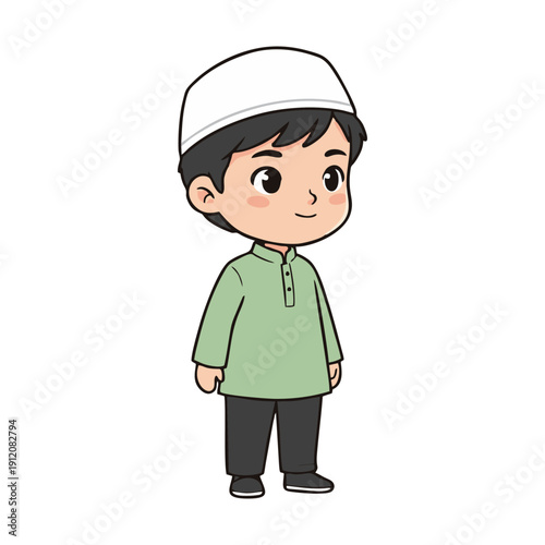 Adorable young Muslim boy in traditional attire, a cheerful cartoon character perfect for cultural celebrations, Ramadan, and Eid designs