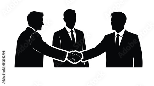 Black silhouettes of three professional businessmen in suits shaking hands to finalize a corporate agreement deal.