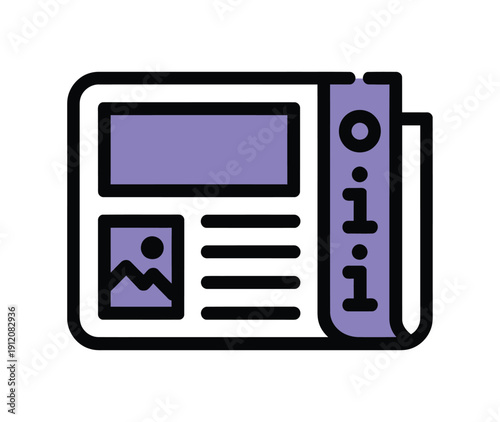A minimalist icon depicting a newspaper or magazine with purple sections and black outlines, representing news, articles, or digital content.