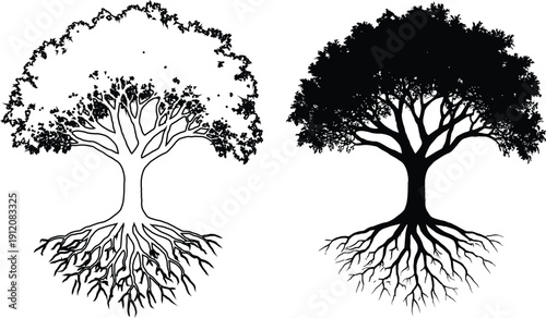 Tree of Life Silhouette with Roots and Branches - Vector Illustration Concept for Growth and Nature