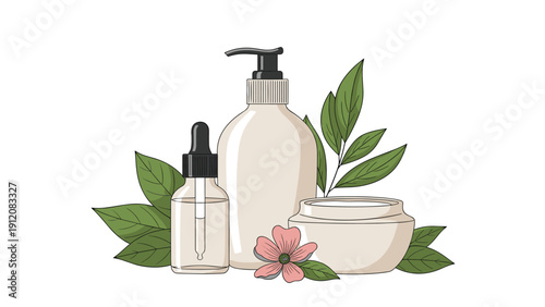 Set of natural skincare products including a glass dropper bottle pump dispenser and cream jar with fresh leaves.