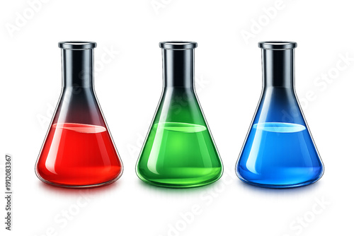 Three colorful laboratory flasks with red, green, and blue liquids