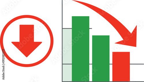 Business decline analytics illustration with downward arrow and decreasing bar chart, financial loss, market downturn, performance drop and negative growth concept isolated on white background