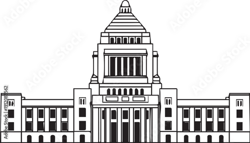 Silhouette of a large building with a central tower