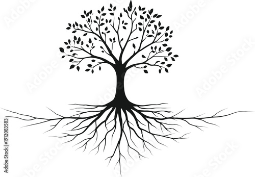 Tree of Life Silhouette with Deep Roots and Lush Leaves Isolated on transparent Background