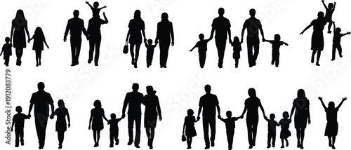 Black vector silhouette set of diverse families with parents and children walking together holding hands for community bonding parenting and happy family life designs,