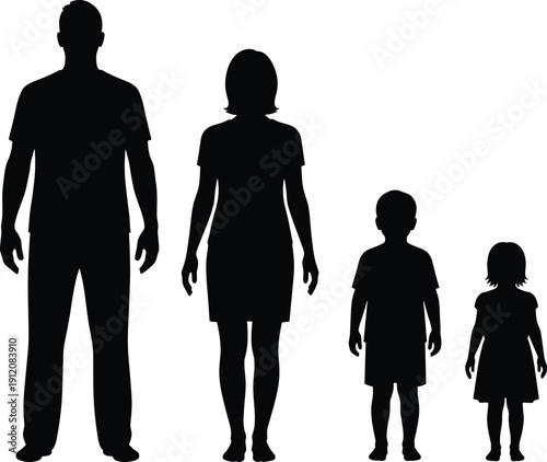 Happy family silhouette set including father, mother, son, and daughter, standing together isolated on white background, vector illustration for parenthood and unity concept, SEO.