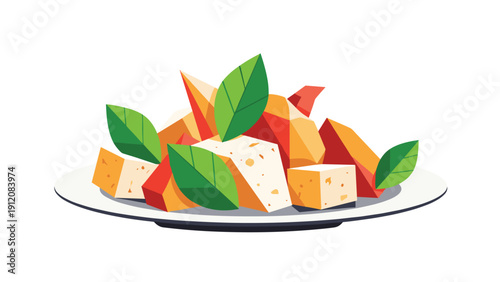 Appetizing plate of fresh salad with chunks of feta cheese and tomatoes decorated with bright green basil leaves.