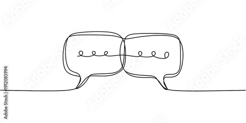 Continuous line drawing of two connected speech bubbles representing communication and connection.