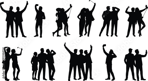 Black vector silhouette set of diverse people taking selfies and group photos with smartphones and selfie sticks for modern social media lifestyle and technology,