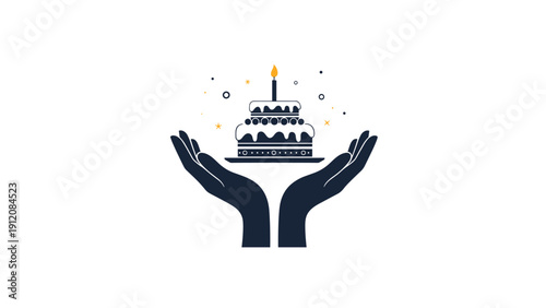 Celebration concept showing two dark silhouettes of hands holding up a multi tiered birthday cake with a candle.