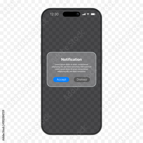 Smartphone Notification Popup UI Mockup with Accept and Dismiss Buttons, Mobile App Alert Message Interface on Transparent Background Vector Illustration