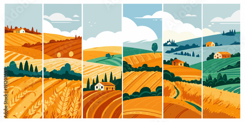 Stylized landscape panels depicting rolling hills and rural countryside scenes