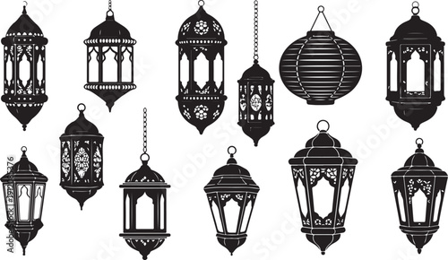 Collection of black lantern silhouettes in various intricate designs for ramadan and eid