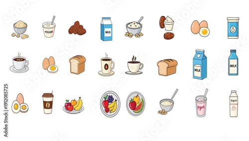 Assorted Breakfast and Beverage Icons in Cartoon Style.