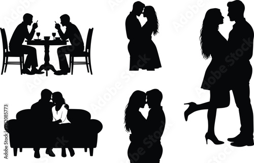 Romantic couple silhouette collection set, loving man and woman embracing and dating isolated on white background vector illustration