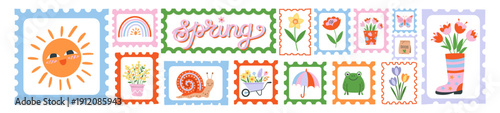 Spring postage stamp collection with sun, flowers, rainbow, umbrella, frog and gardening elements. Cute colorful vector illustration set for seasonal design, greeting cards, stickers and children 