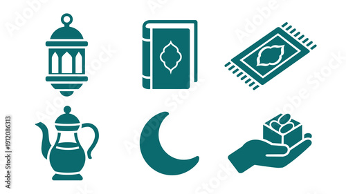Ramadan and Eid Islamic icons set featuring crescent moon, lantern, Quran, prayer rug, dates and tea Pot