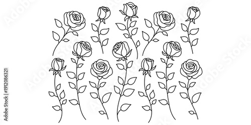 Black and white line art illustration featuring a pattern of hand drawn roses with stems and leaves.