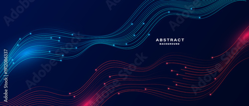 Flowing blue and red light lines with glowing particles on dark background.