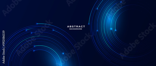 Glowing circular wave lines on dark blue background.