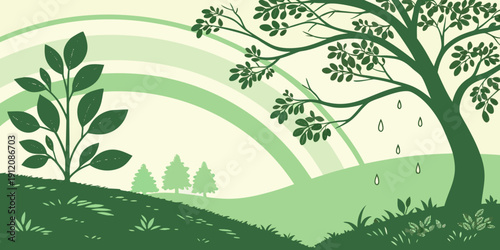 A serene landscape with lush green trees and a winding path through a meadow.