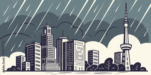 A bustling city skyline under a heavy downpour with tall buildings and a tower.