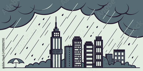 A city skyline under a dark, stormy sky with heavy rain and lightning.