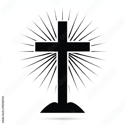 Black Christian Cross with Radiant Spiritual Glow in Minimalist Vector Graphic for Religious Design.