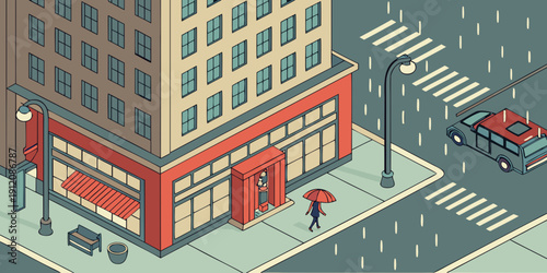 A bustling city street scene with diverse buildings and people going about their day.