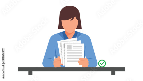 Woman reviewing and approving documents at a desk symbolizing work completion and satisfaction in a professional modern office setting