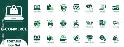 E-commerce editable solid icon set.store,online shopping,retail,payment,e-commerce,checkout,cart,and online stores.