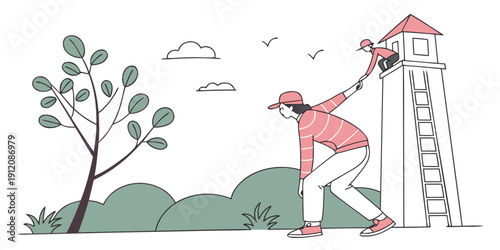 A person is painting a lighthouse on a sunny day with a clear sky.