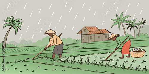 A vibrant illustration of a rural landscape with houses and trees under a sunny sky