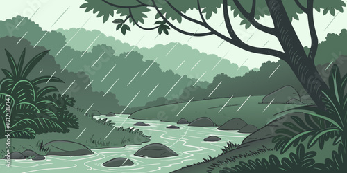 A serene landscape painting depicting a tranquil river flowing through a lush forest.