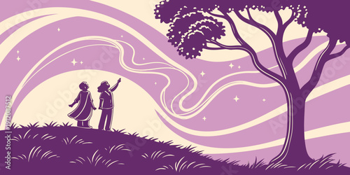 A serene scene of two figures standing under a tree with a vibrant sunset sky.