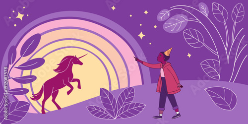 A vibrant scene of a person on a horseback riding through a mystical purple landscape with a rainbow arching overhead.